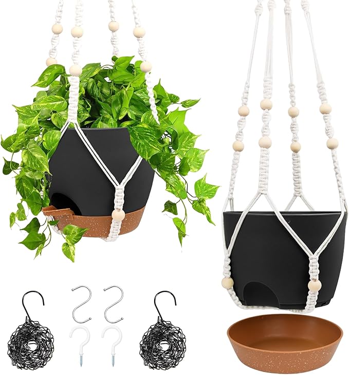 Hanging Planters for Indoor Outdoor Plants, 2 Pack Self Watering Hanging Pots, Hanging Plant Baskets with Drainage Holes & 2 Types of Plant Hangers (Black, 6'')