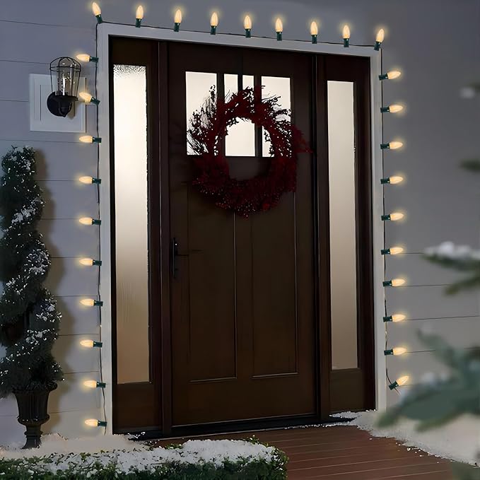 C7 Clear LED Christmas String Lights, 25FT C7 Outdoor String Lights with 27 LED Warm White Bulbs, Connectable Vintage Christmas Lights for Patio Porch Balcony Wedding Christmas Decorations, Green