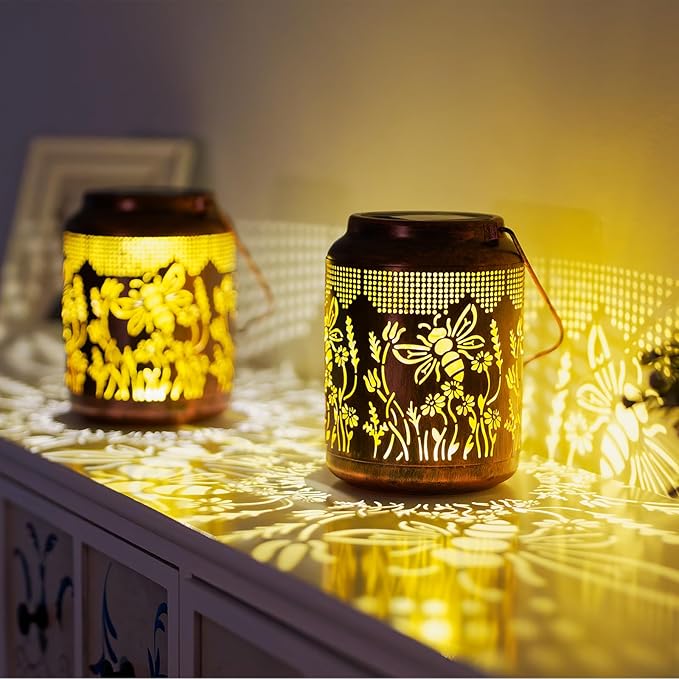 2 Pack Bee Solar Lanterns Outdoor Waterproof Hanging Solar Lights LED 6.9" Metal Flower Bee Decorative Lantern for Patio,Yard,Porch,Table,Garden Birthday Gifts for Women Mom Grandma