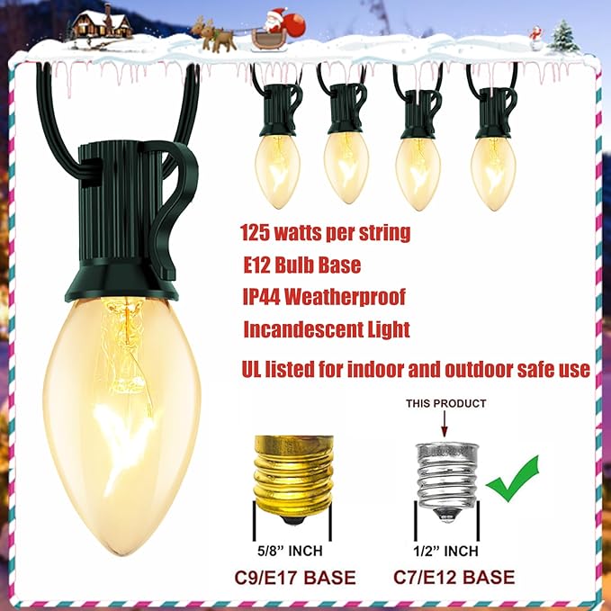 C7 Clear Christmas Lights, 25Ft Outdoor Christmas String Lights with 27 Warm White Incandescent Bulbs, Connectable Vintage Christmas Lights for Outdoor Patio Christmas Party House Decorations, Green