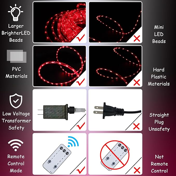 Red Rope Lights Outdoor, 50Ft 600 LED Valentine's Day String Light, Waterproof Tube Light Plug in 8 Modes Timer Memory, Halloween, Christmas Lights Outdoor Decorations for Tree Garden Party