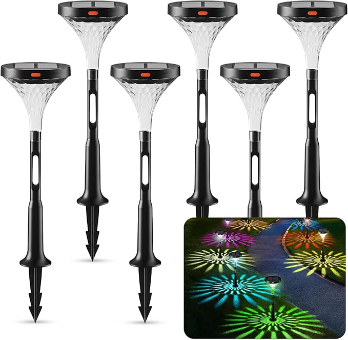 Solar Outdoor Pathway Light, IP65 Waterproof Solar Powered Lights, Multicolored 10 Modes RGB Color Changing, Christmas Decoration for Garden, Lawn, Yard, Patio etc, 6 Pack