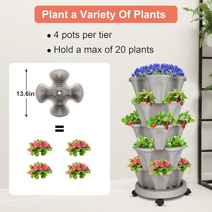 DUNCHATY Stackable Planter, Vertical Garden Planter with Wheels and Garden Tools, Strawberry Planter Indoor/Outdoor 5 Tier Herb Planter Pots for Growing Vegetables and Succulents,Gray