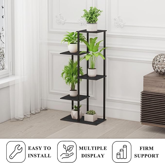 Plant Stand Indoor 5 Tier 6 Potted Metal Wood Plant Shelf, Multiple Flower Pots Corner Tall Plant Holder Stands for Living Room Balcony Bedroom, Black