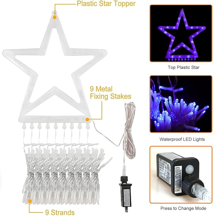 Christmas Decorations Star String Lights, 320 LED Waterfall Tree Lights with 13" Topper Star 8 Lighting Modes Indoor Outdoor Decorative for New Year, Holiday, Wedding, Party