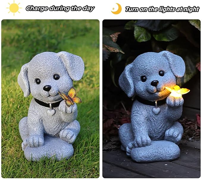 MeritMode Solar Dog Garden Statue with Butterfly Lights - Waterproof Outdoor Statue Decor for Patio, Lawn, Balcony, for Mom, Grandma, Women on Mother’s Day, Father’s Day, Housewarming
