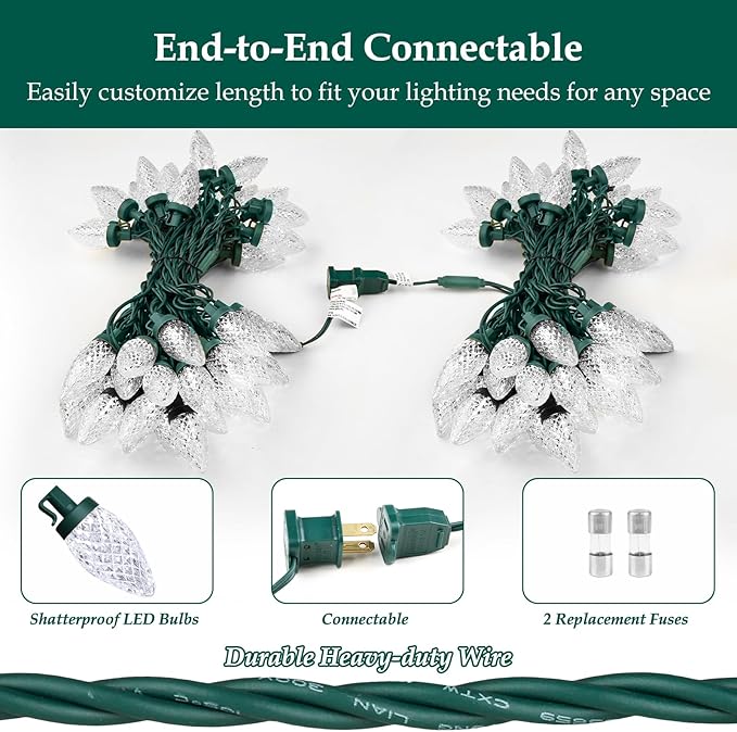 C9 LED Christmas Lights, 134FT 200 Bulbs Outdoor Christmas Decorations for House Waterproof String Lights Extendable Green Wire Fairy Lights for Patio Xmas Garden Party Wedding Indoor Pure White