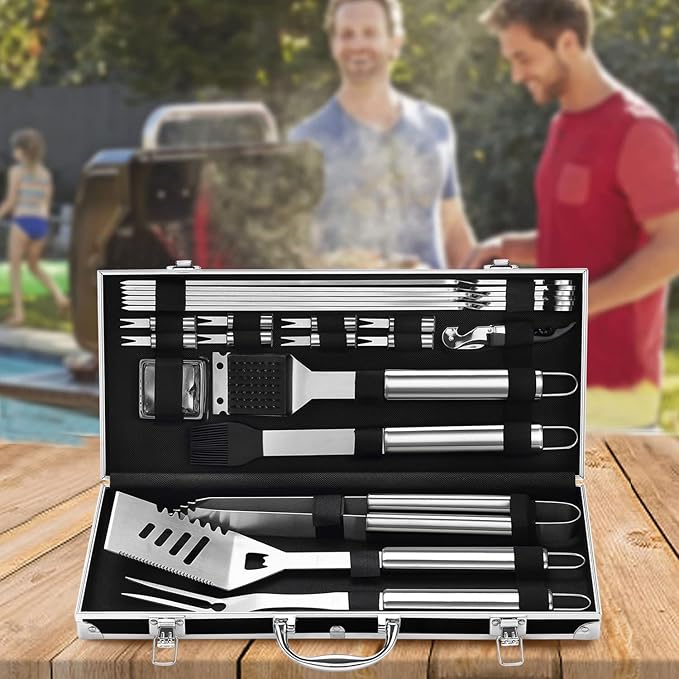 Grilljoy BBQ Accessories Grill Tools Set - 22PCS Stainless Steel Barbecue Grill Accessories for Outdoor Grill with Black Aluminum Case - Grilling Gifts for Men Dad -Grill Tools Kit