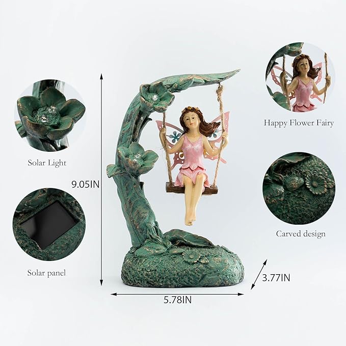 Garden Flower Fairy Outdoor Statue, Patio Lawn Yard Porch Decor, Funny Swing Ornaments, 9.05 Inches Tall