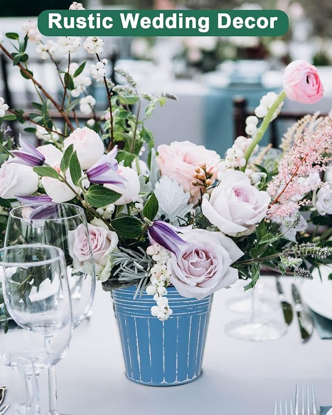 vensovo 5 Inches Blue Metal Rustic Flower Pots - 6 Pcs Small Galvanized Planters with Drainage Hole and Rubber Plug, Rustproof Tin Bucket Plant Pot Farmhouse Vintage Style for Decor