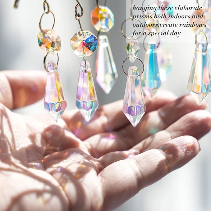 50pcs Colorful Crystal Icicle Prisms for Chandeliers, 38mm Chandelier Crystals Glass Prisms Pendants, Chandelier Crystals Replacement Parts with Octogan Beads for Wedding,Party Decoration