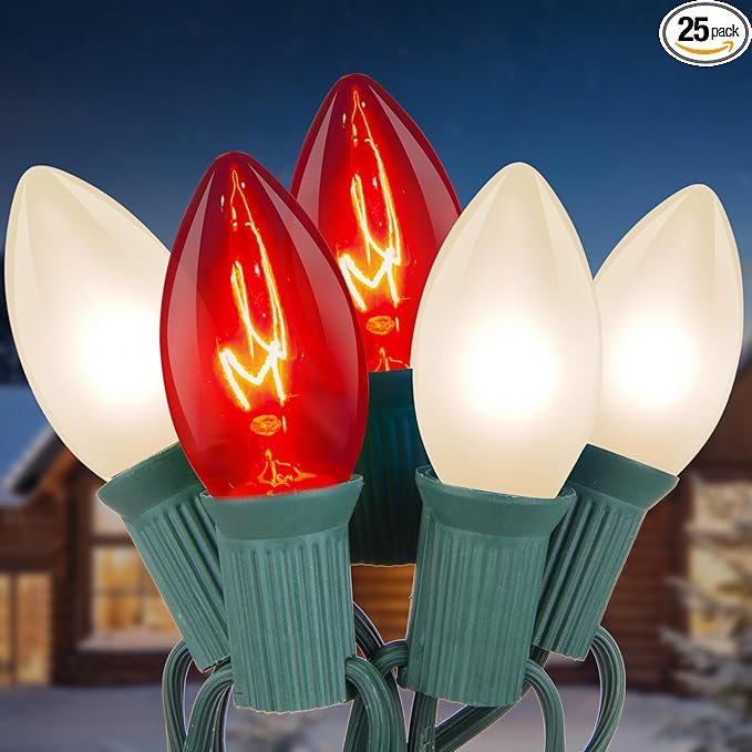 25ft C9 Red and White Christmas Lights,Waterproof C9 Christmas String Lights With 26 Red White bulbs,Commercial Christmas Lights Outdoor for Garden House Xmas Garland Christmas Tree Decorations