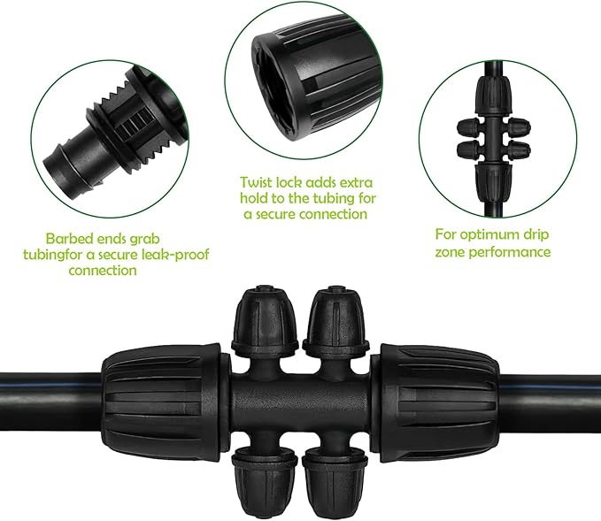 13 Pcs Drip Irrigation Fittings for 1/2 Inch Tubing (1/2" ID x 0.65" OD) to 1/4 Inch Irrigation Tubing, Locked Barbed 1/2" to 1/4" Reducing Tee Connector Drip Line Parts