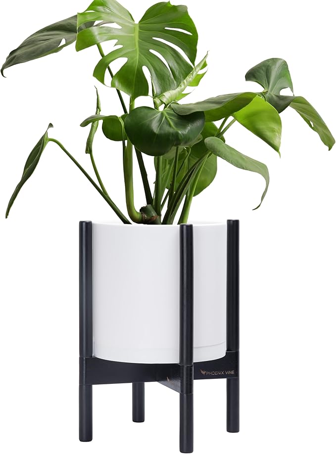 D'vine Dev Planter Pot with Stand - 10 Inch Plastic Cylinder Flower Pot with Wood Planter Holder for Indoor, Matte White Pot + Ebony Stand, 55-C-N-1