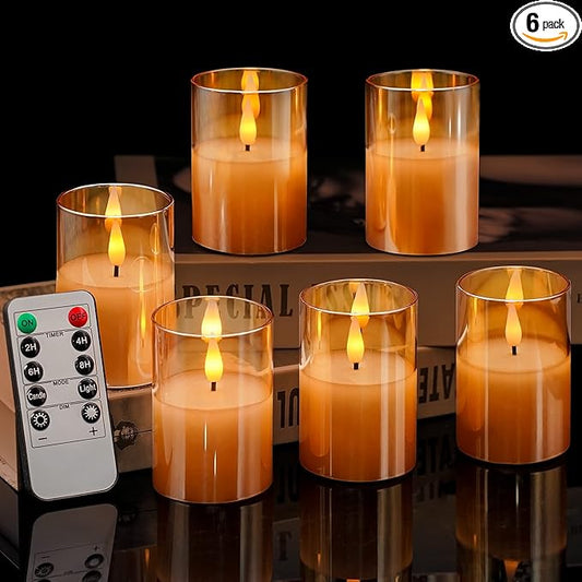 6Pack Glass Flickering Flameless Candles with Remote, 2"X3" Real Wax Votive Candles Battery Operated, Small Electric LED Candles for Wedding Home Decor, w/4 Timers+2 Lighting Modes [Gold]