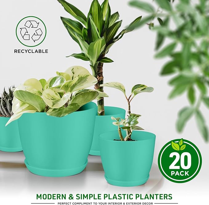 Planter Pots with Drainage Holes - Lightweight, Durable, and Space-Saving Pots for Indoor and Outdoor - Versatile Functionality, Simple Modern Design, Set of 20 Plastic Planter Pots - Aqua
