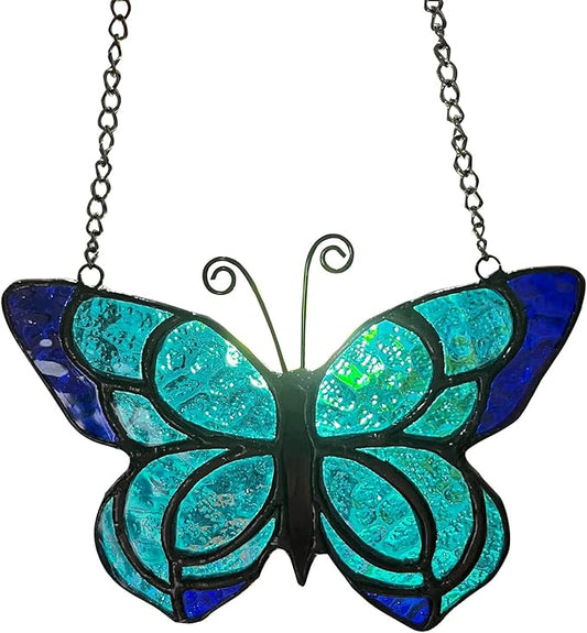 Blue Butterfly Suncatcher Stained Glass Window Hanging Panel Christmas Decor,Glass Butterfly Gift for Mom, Women 5.9×5.3Inch