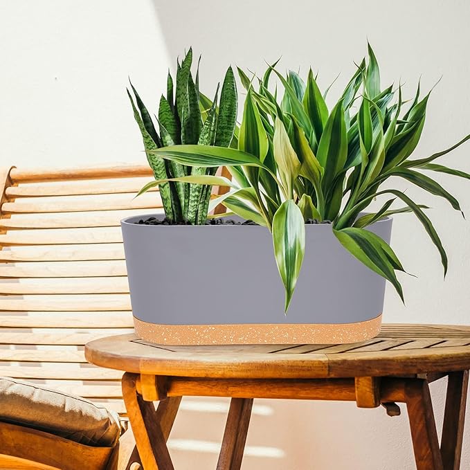 QCQHDU 16" L x 7.6" W x 7" H Window Planter Box, 2 Pack Self Watering Pots for Indoor Plants with Drainage Holes & Saucer, Outdoor Flower Pots Home Garden Modern Decor