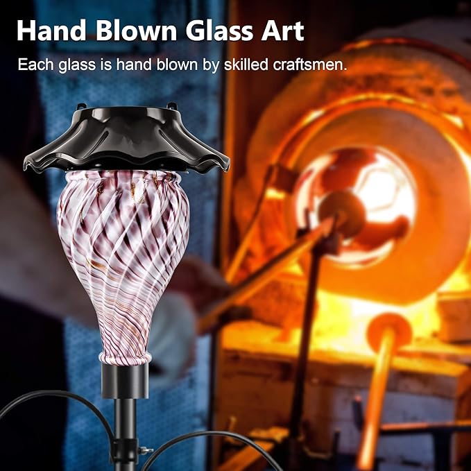 Solar Shepherds Hooks with Hand Blown Glass Lamp, Decorative RGB Lights, 4 Hooks & 1 Flag Holder, Heavy Duty Stand for Hanging Hummingbird Feeder, Bird Feeder, Plant, Landscape Light (Purple)