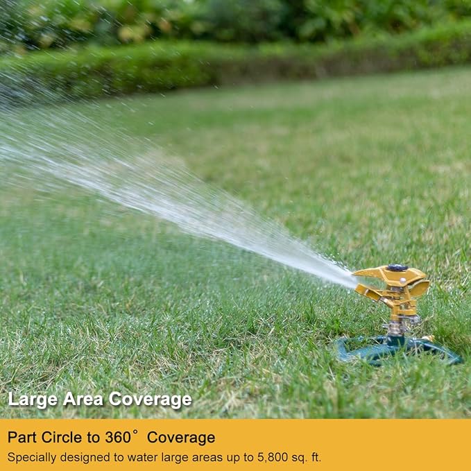 FANHAO Heavy Duty Pulsating Impact Lawn Sprinkler with Metal Base, 100% Metal Adjustable Circular Zinc Impulse Sprinkler for Yard Lawn, 360 Degree Large Area Coverage, Covers Up to 5800 sq. ft