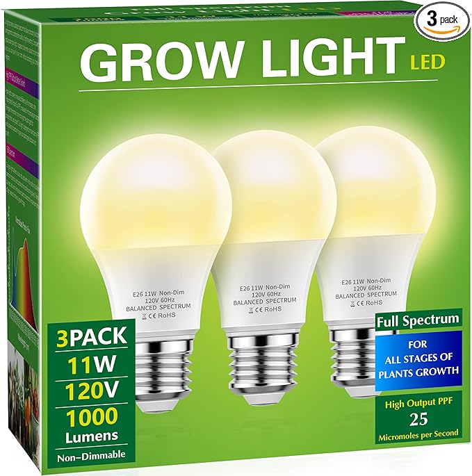 Briignite Grow Light Bulbs, LED Grow Light Bulb A19 Bulb, Full Spectrum Grow Light Bulb, Plant Light Bulbs E26 Base, 11W Grow Bulb 100W Equivalent, Grow Light for Indoor Plants, Seed Starting, 3Pack