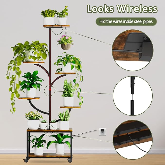 Plant Stand Indoor with Grow Lights, 60" Tall 7-Tier Metal Plant Stand with Wheels & Tree-Shaped Design for Indoor Plants, Flower Holder Display Rack for Home, Patio - Black