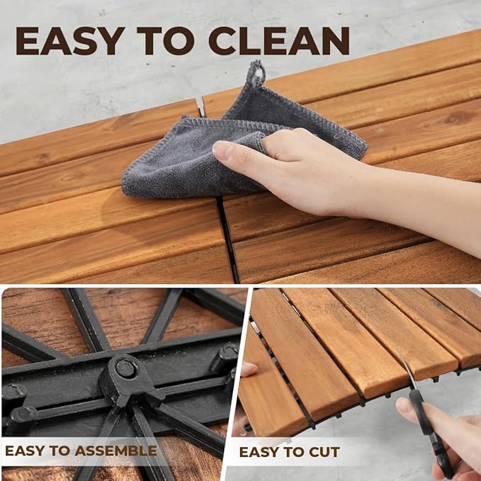 Pack of 10 Deck Tiles - 12"x12" Interlocking Natural Solid Acacia Wood for Outdoor & Indoor, Patio Garden, Balcony, Poolside - Teak Color