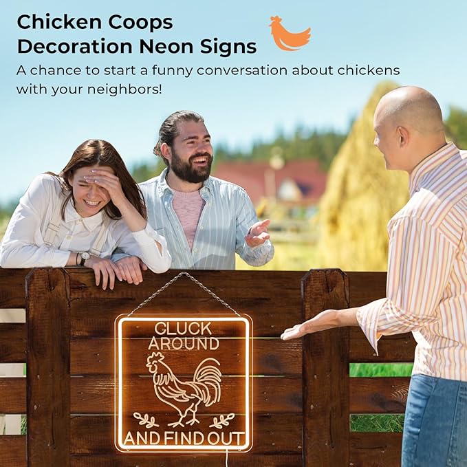 Funny Cluck Around and Find Out Large Neon Sign Dimmable, Rooster Decor 16 X 16 Inch Kitchen Decor for Farmhouse, Chicken Coop, Garden, Farm House Decoration, Rooster Gifts