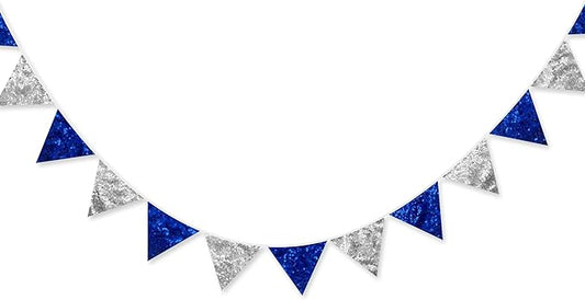 Pinkblume Silver Blue Double Sided Sequin Fabric Triangle Pennant Banner Flag Bunting Garland for Nautical Ahoy Anchor Theme Nursery Home Classroom Wall Decor