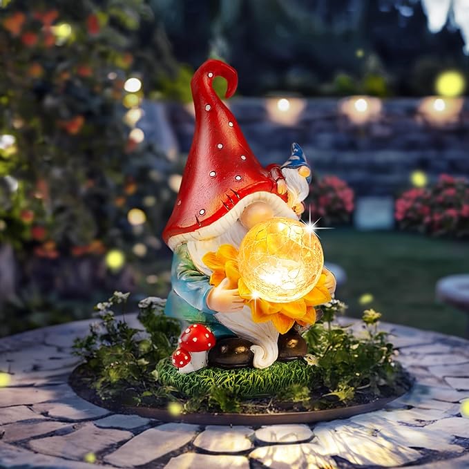 Solar Garden Decor Gnome Statues with Sunflower and Crackle Glass Globe Lights Gnome Outdoor Decorations for Garden Yard Patio Lawn, Unique Housewarming Gifts