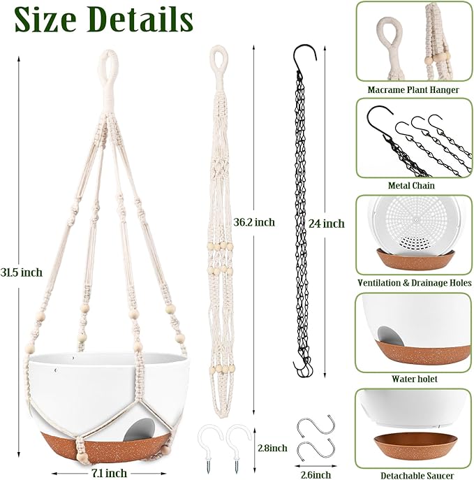 Hanging Planters for Outdoor Indoor Plants, 2 Pack 12 Inch Hanging Basket Plants Outdoor, Self Watering Hanging Planter with Plant Hanger for Garden Home Decoration (2 Type Plant Hangers White)