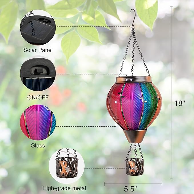 pearlstar Hot Air Balloon Solar Lantern with Flickering Flame Light Outdoor Solar Hanging Lights Waterproof for Garden Yard Farmhouse Patio Pathway Outside Decoration,Glass, Multicolor