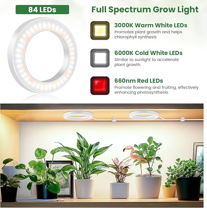 6" Ceiling Grow Lights for Indoor Plants, 84 LEDs Full Spectrum Plant Grow Light with 6/12/16H Timer, 3 Spectrum Modes, 5 Brightness Levels, Under Cabinet Halo Plant Lamp for Small Plants
