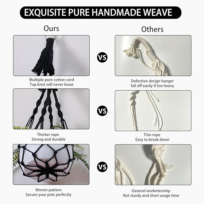 Artilady Black Plant Hanger Macrame Hanging Planter for Indoor Boho Plants Holder with Hooks Hanging Plant Basket Outdoor Window Wall Plants Home Decor