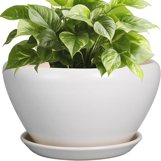 Ceramic Planter - 9 Inch Plant Pot Indoor with Drainage Hole and Saucer for Outdoor Plants Mid-Century Round Planter Modern Flower Pot for House Garden White