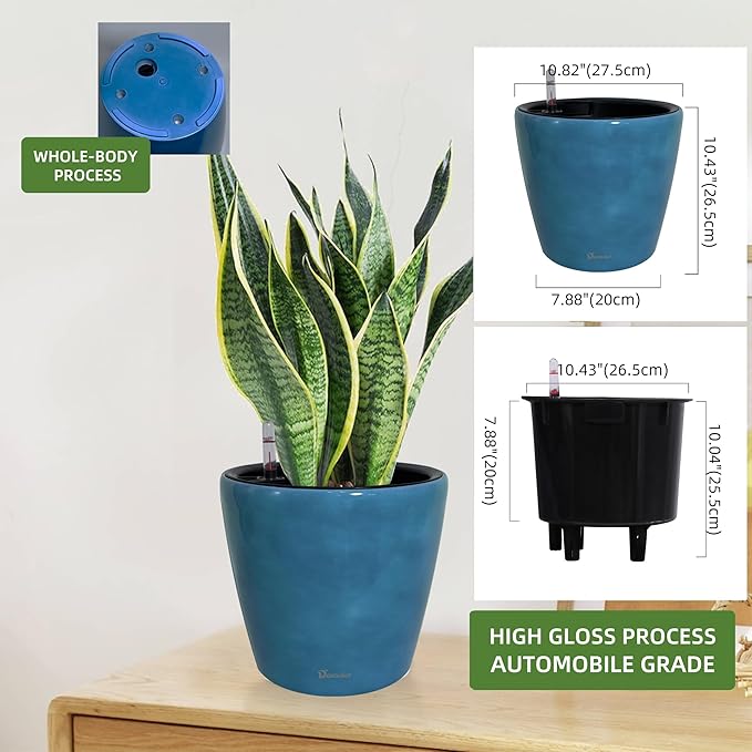 Dexceder 11x10 Inches Self Watering Planter Indoor Outdoor, Inner Pot Design, Thickened Table Flower Plant Pot with Water Level Indicator (Peacock Blue Gradient)