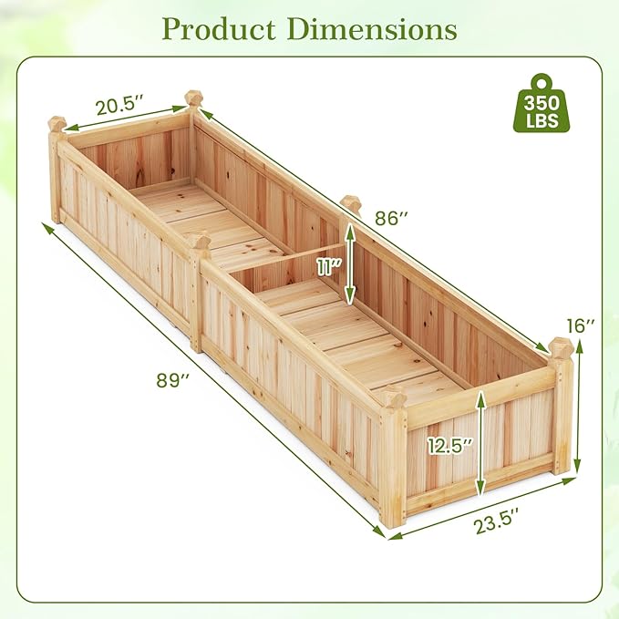 HAPPYGRILL Raised Garden Bed, Wooden Elevated Garden Box w/8 Drain Holes, Detachable Bottom Panels, Liner for Flowers Vegetables Herbs Fruits, Outdoor Planter Box for Backyard Lawn, 89" x 23.5" x 16"