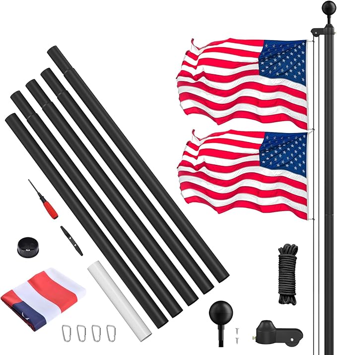 Flag Pole Kit 25FT, 12 Gauge 1.8mm Thickness Heavy Duty Flag Poles with 3x5 American Flag, Black Flag pole for Outdoor House In Ground, Extra Thick Flagpoles Suitable for Yard and Garden