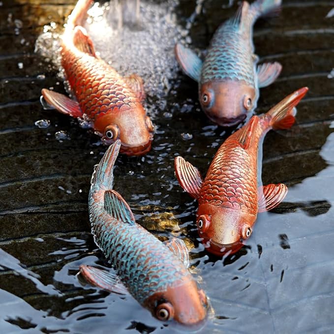 Koi Fish Decor - Set of 2 Antique Koi Fish Garden Statue for Outdoors, Patio and Backyard Decoration