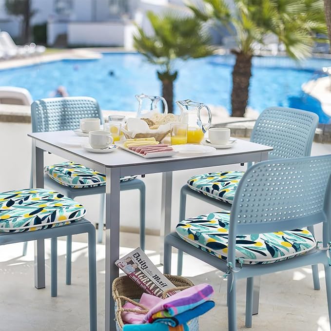 Indoor/Outdoor Chair Cushions 16x17 Inch, Patio Chair Cushions with Ties, All Weather Seat Cushions for Patio Furniture Home Garden Chair Use, Set of 4, Leaves Multi