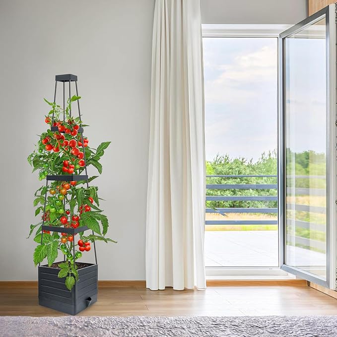 Raised Garden Bed Planter Box with Trellis, 58” Tomato Cage Planter Raised Garden Bed with Trellis for Climbing Vegetables Plants Tomato Cage w/Self-Watering, Indoor Outdoor Use (2)