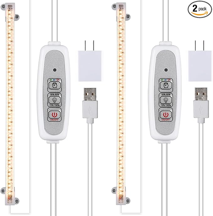 One Strip Growing lamp 2-Pack, Full Spectrum LED Grow Light Strips for Indoor Plants with Auto ON/Off Timer & 4 Dimmable Levels, for Green House Hydroponics Succulent (One Strip×2pcs)