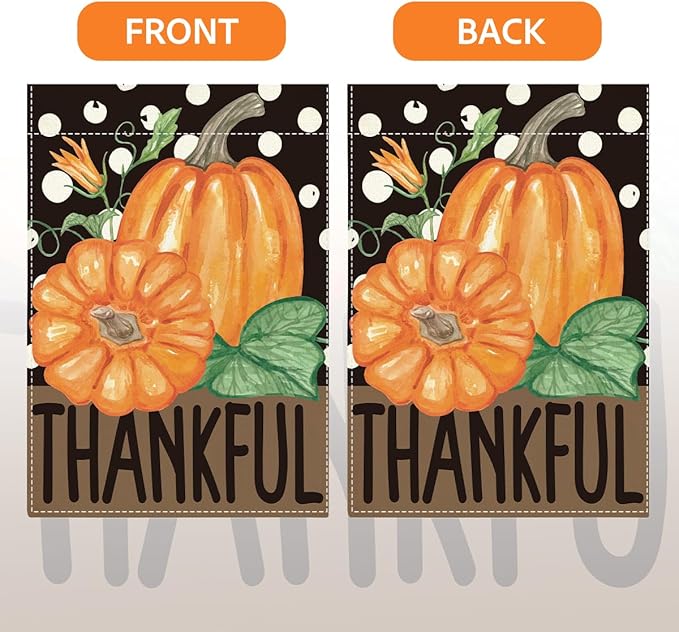 Fall Thankful Garden Flag Autumn Pumpkin Garden Flag 12x18 inch Double Sided Fall Thanksgiving Flags Holiday Decorations for Yard Outdoor Home Porch (Flay 1807)