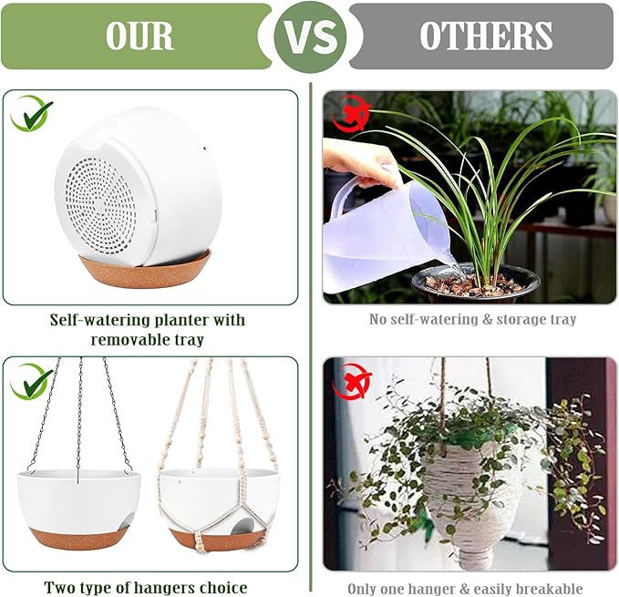 Hanging Planters for Outdoor Indoor Plants, 2 Pack 12 Inch Hanging Basket Plants Outdoor, Self Watering Hanging Planter with Plant Hanger for Garden Home Decoration (White)