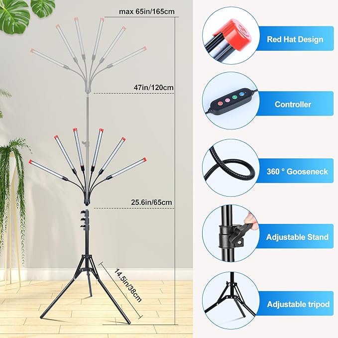 6-Head Grow Lights for Indoor Plants with Stand 54W, LED Plant Grow Light for Tall Houseplants, Bonsai Tree, Full Spectrum Growing Lamp with 4,8,12 Hr Timer, 24"-64" Adjustable Height