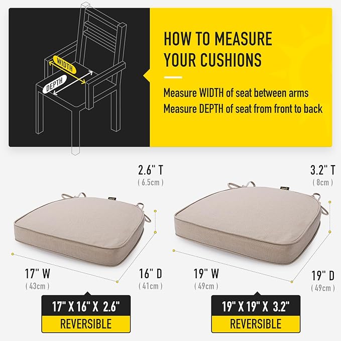 SUNROX Gel Memory Foam Chair Cushions, FadeShield Water-, Stain-Resistant Durable Reversible Seat Cushion Pads with Ties for Indoor/Outdoor Kitchen Dining Office 17"x16" Set of 6, Husk Birch