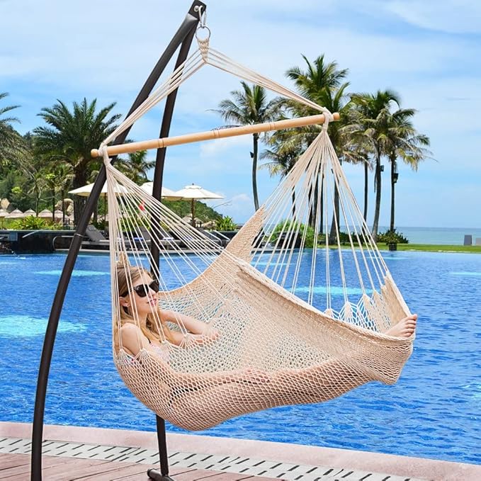 Lazy Daze Hammocks Chair Caribbean Hanging Rope Weaving Chair with 40" Hardwood Spreader Bar and Soft-Spun Cotton Rope for Indoor/Outdoor Backyard & Living Room, Max 300 LBS, Natural