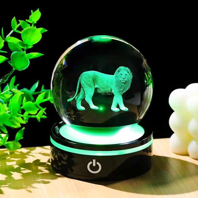 YWHL 3D Crystal Ball Lion Figurine with LED Base, Lion Gifts for Men Women Lions Lovers on Christmas Birthday, Lions Ornament Glass Sphere Decorative Ball for Home Decor (80mm)