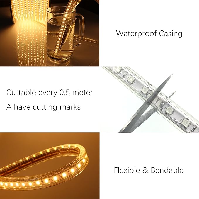 5050-60 Type AC 110-120V LED Strip Lights, Flexible/Waterproof/Dimmable/Multi-Modes LED Rope Light + 23 Keys Remote for Home/Garden/Building Decoration (16.4ft/5m, Warm White 3500K)