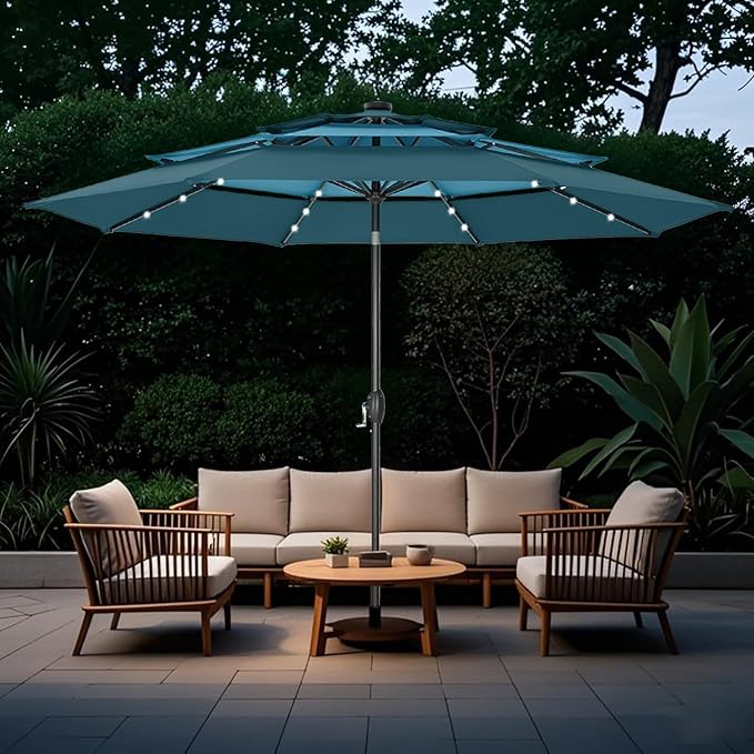 GREEN PARTY 10ft Outdoor Patio Umbrella, Auto-Tilt Market Table Umbrellas with Crank, 8 Sturdy Ribs & 1.5" Pole UV Protection for Garden Deck Backyard Pool